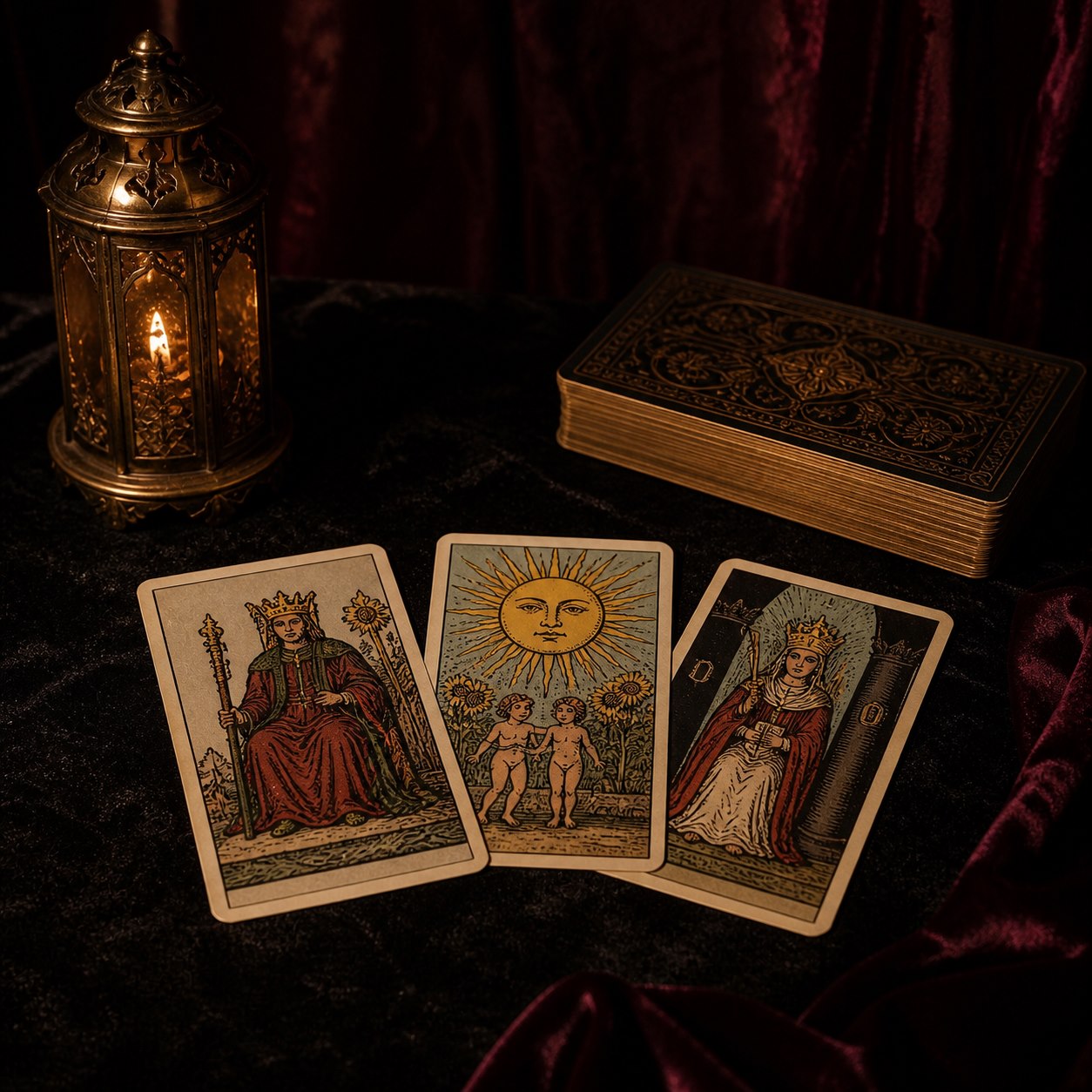 Cartas de Tarot em uma mesa de consulta com iluminação dourada