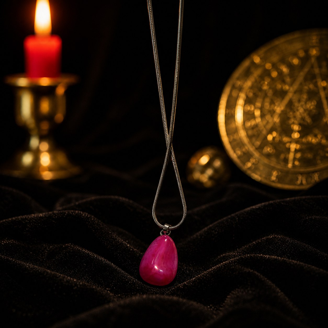 Pingente de Sitri com pedra magenta sobre veludo preto