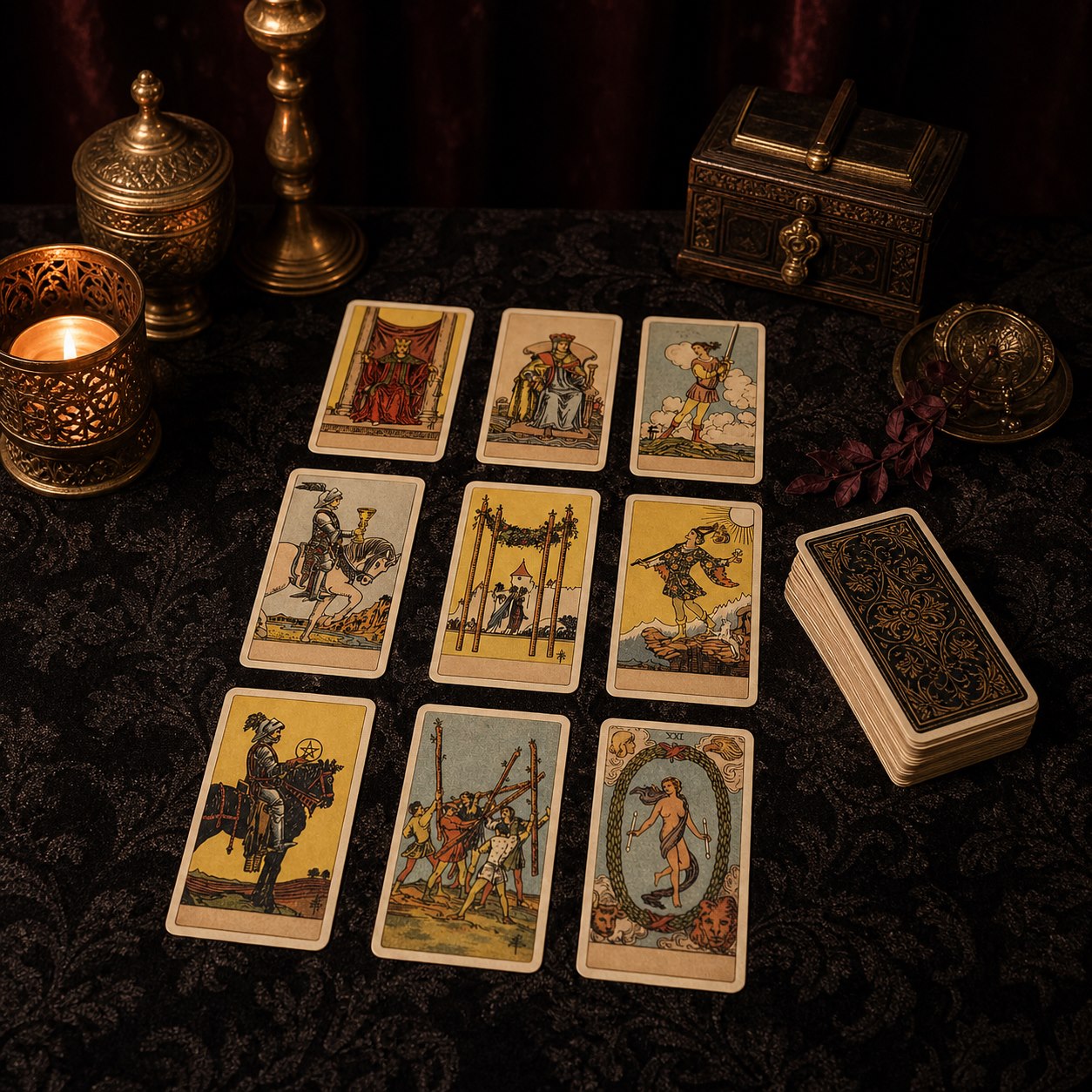 Mesa elegante preparada com cartas de Tarot