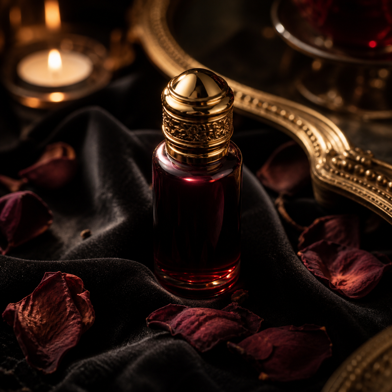 Elixir ritual em vidro escuro sobre veludo