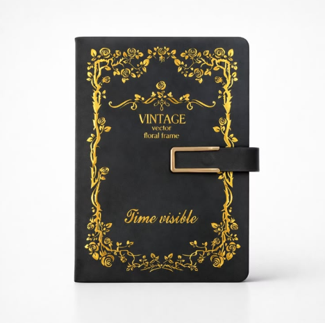 Grimório vintage preto com detalhes dourados e fecho magnético
